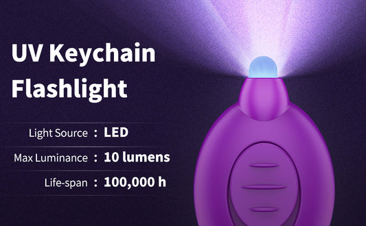 Purple UV keychain flashlight with specifications on a dark background